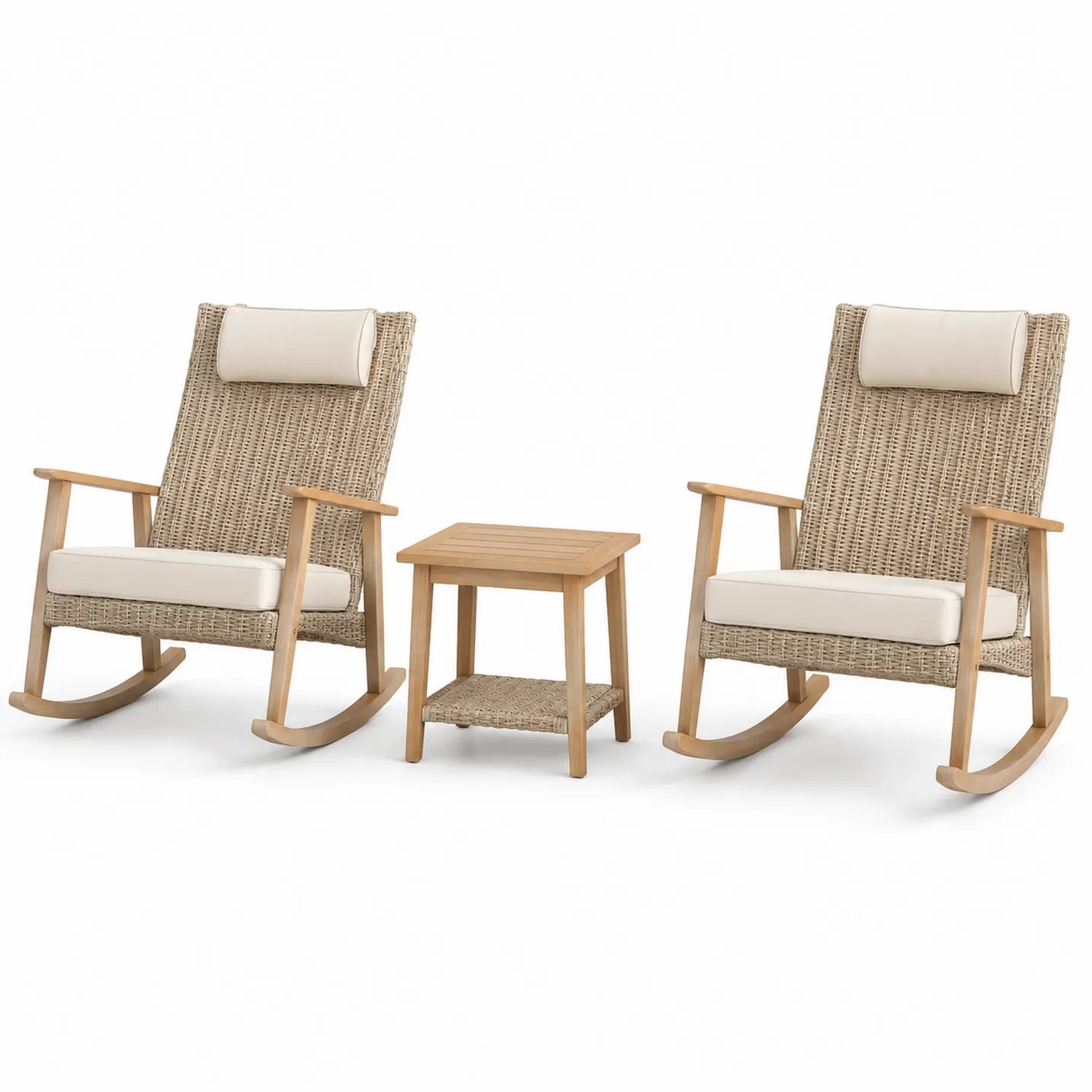 Ensemble de 2 fauteuils à bascule et table en osier PE et teck