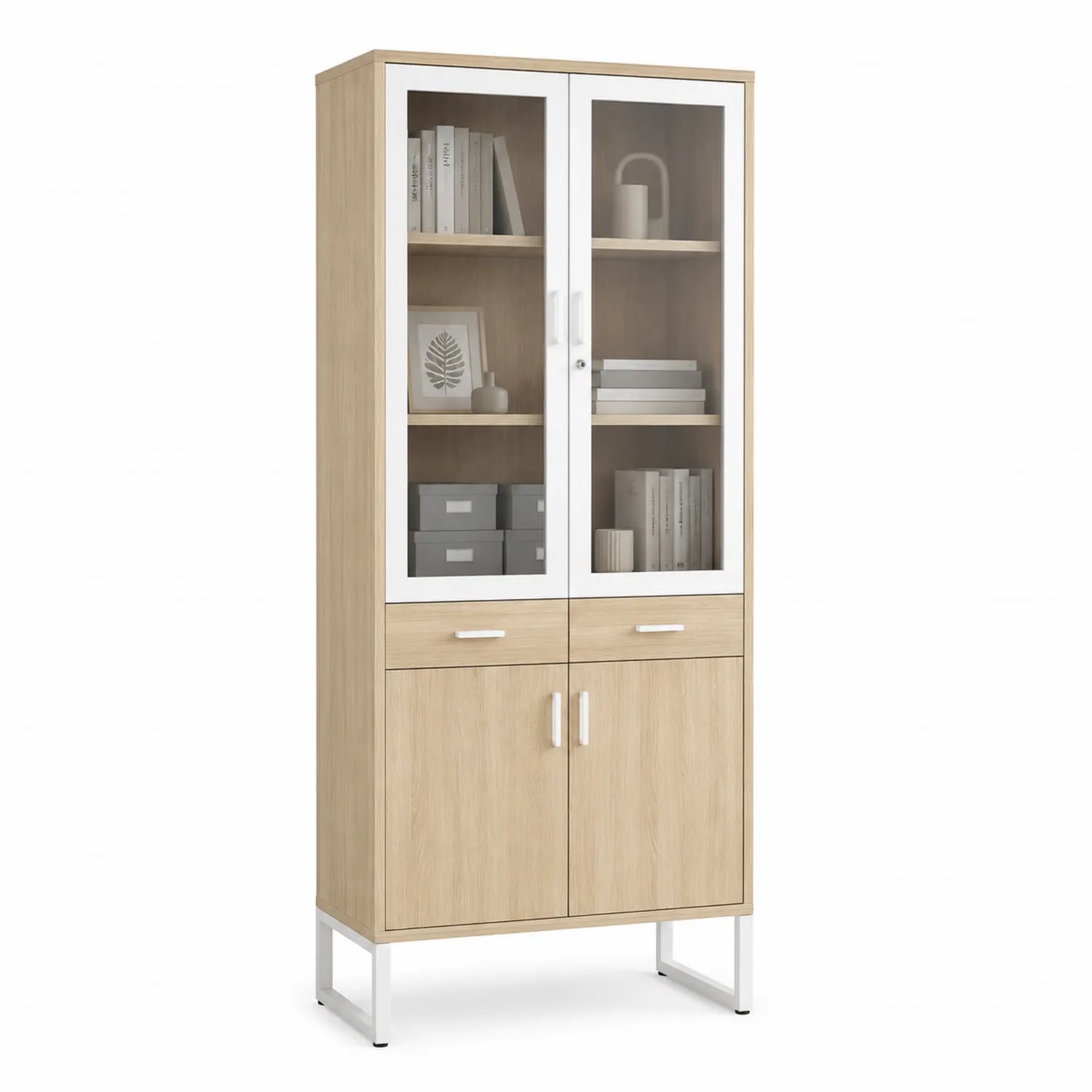 Bibliothèque Bois avec Portes Vitrées en Verre Trempé