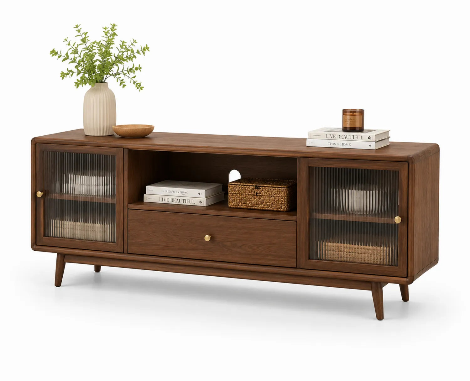 Meuble TV en bois de noyer avec portes en verre cannelé