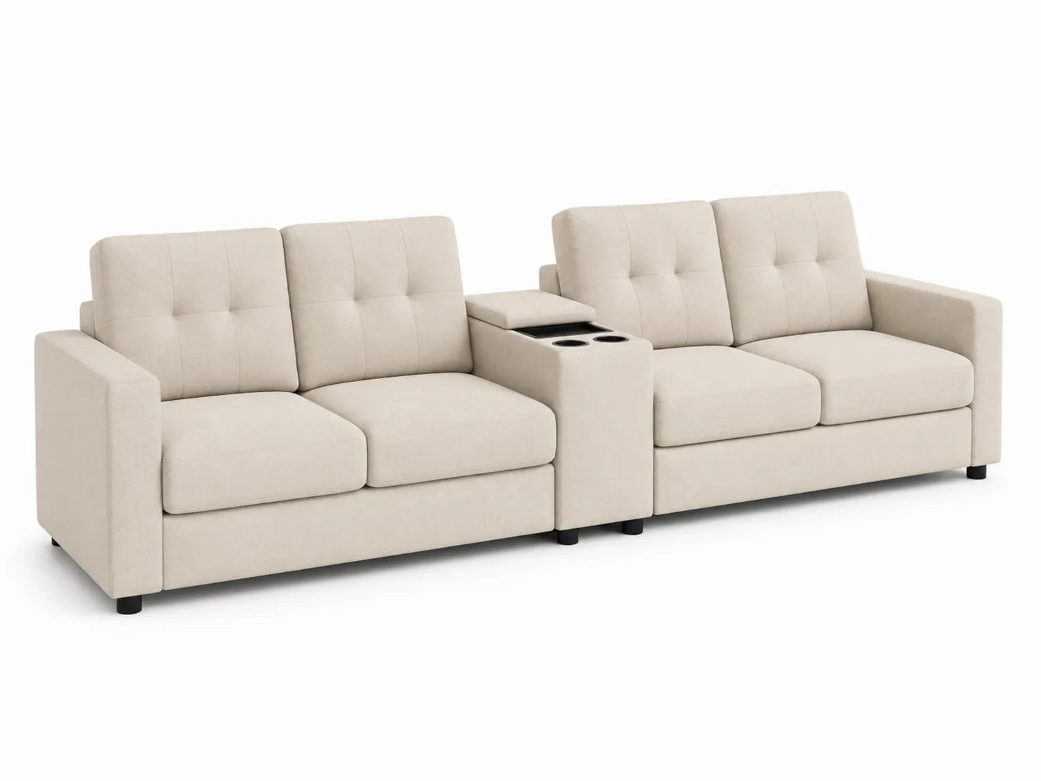 Canapé modulable tissu beige 6 places avec accoudoirs et porte-gobelets