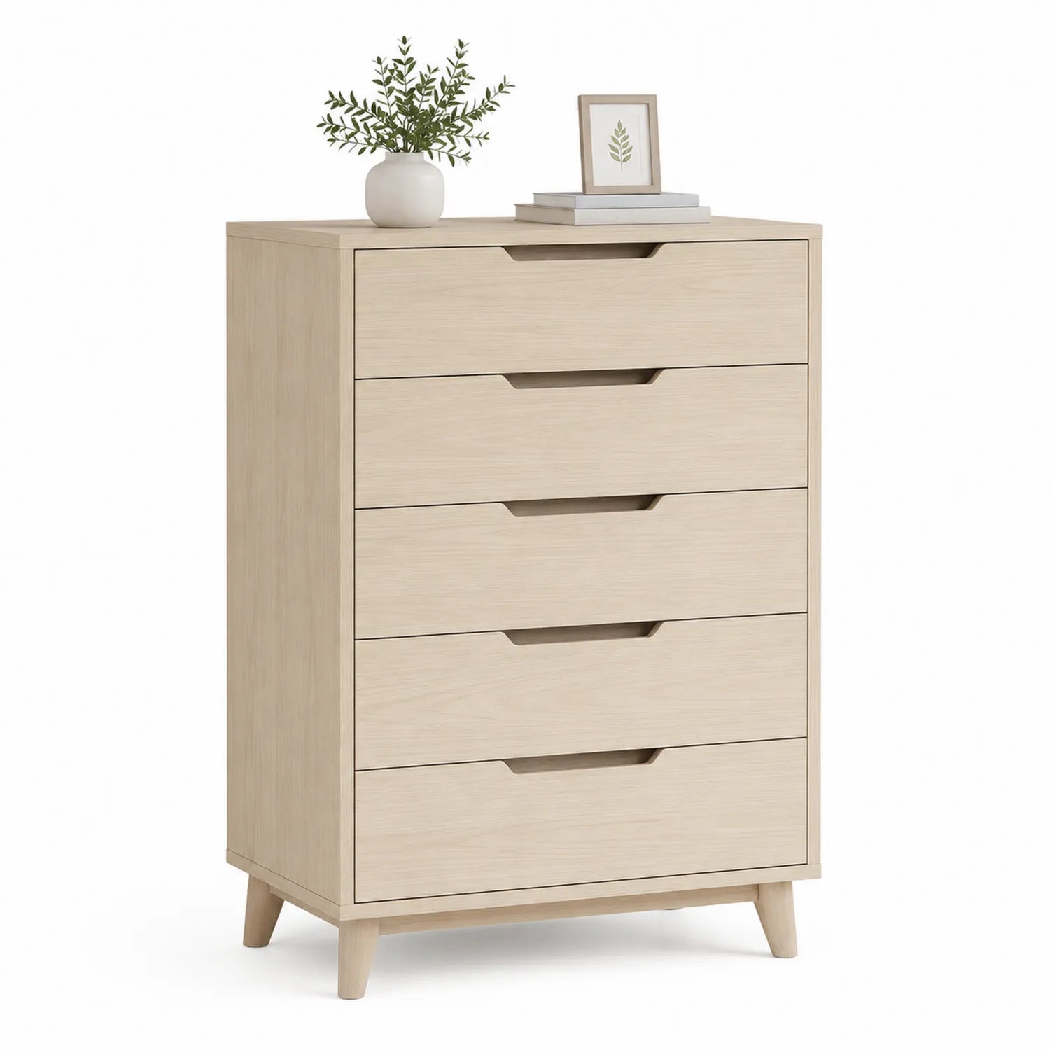 Commode en bois de hêtre beige 5 tiroirs
