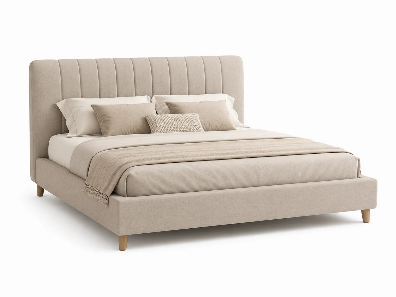 Lit double en tissu beige avec tête de lit cannelée