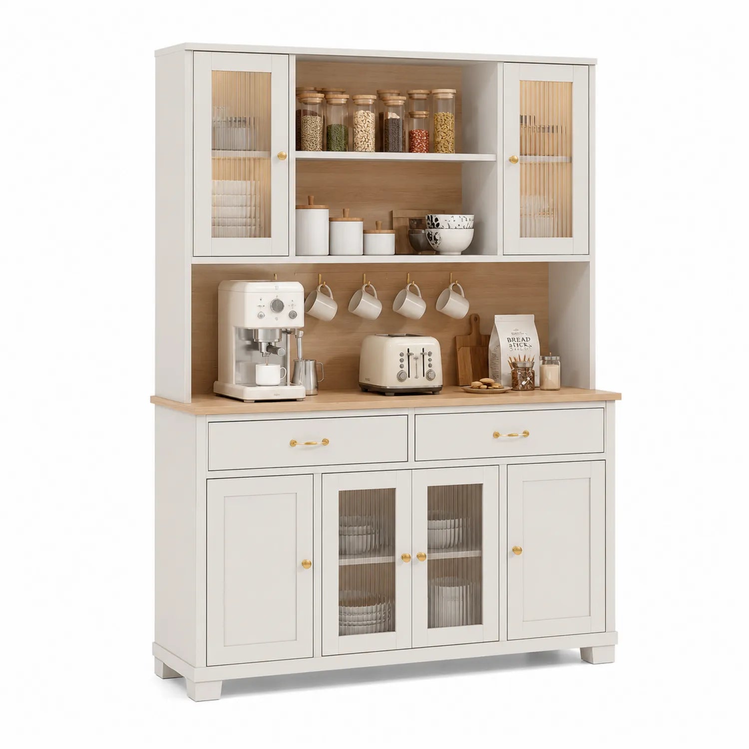 Buffet de cuisine en bois MDF avec portes vitrées et tiroirs blanc 120x40x200cm