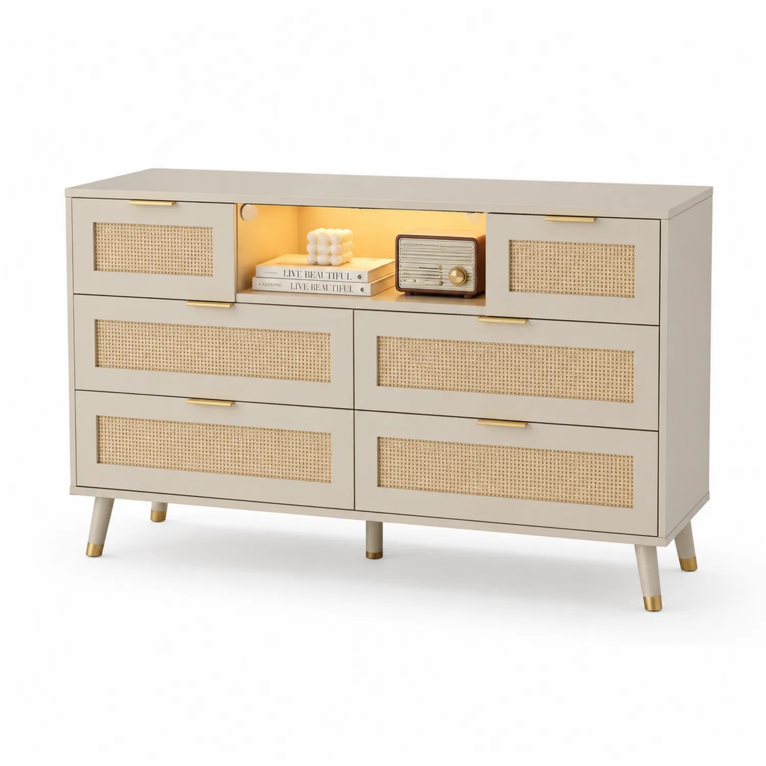 Commode en bois et rotin avec 6 tiroirs Beige