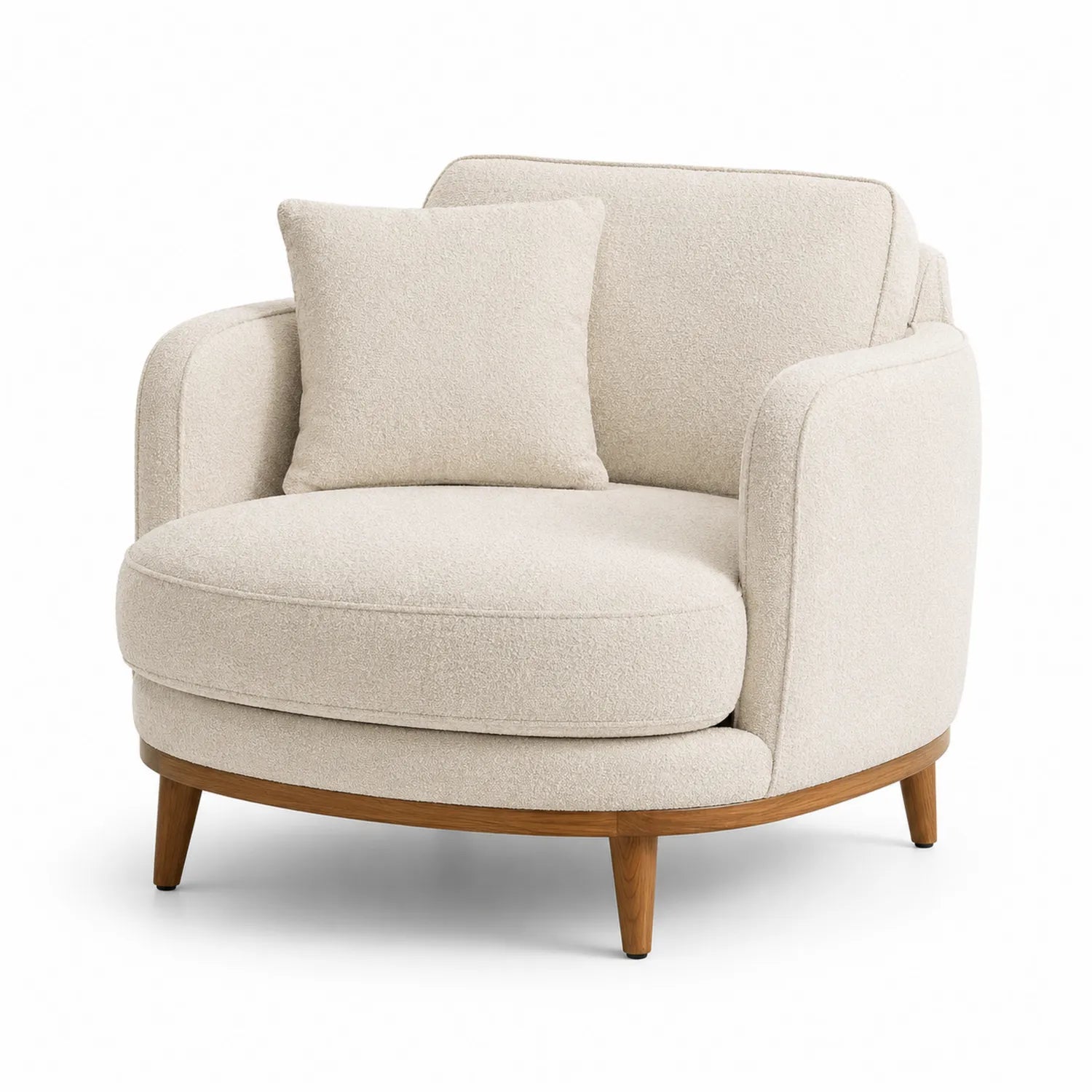 Fauteuil rond tissu bouclé crème avec coussin