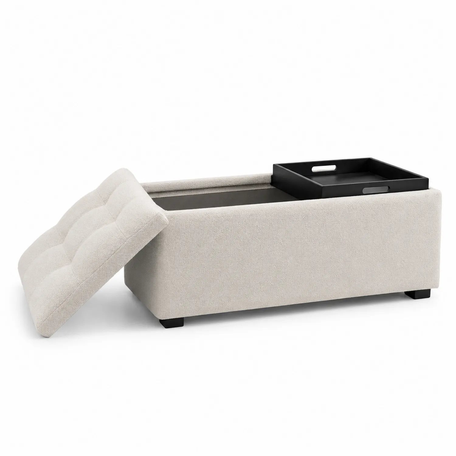 Pouf Coffre en Tissu Beige avec Plateau Amovible