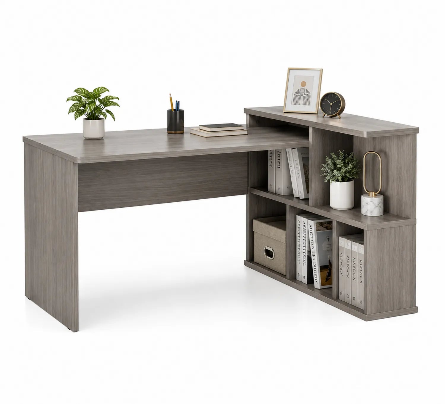Bureau d'angle en bois avec étagères intégrées Gris