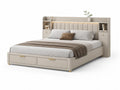 Lit double en bois MDF avec rangements et tête de lit intégrée 200x160 cm Beige