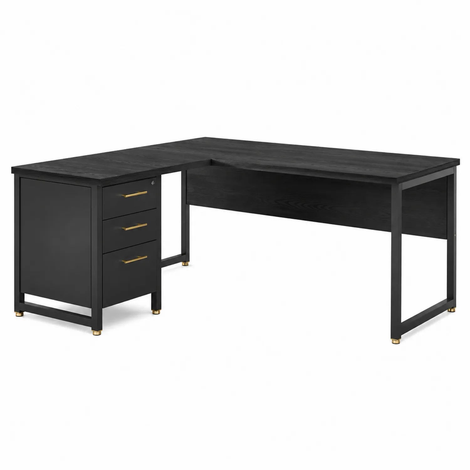 Bureau d'angle en bois et métal noir avec tiroirs