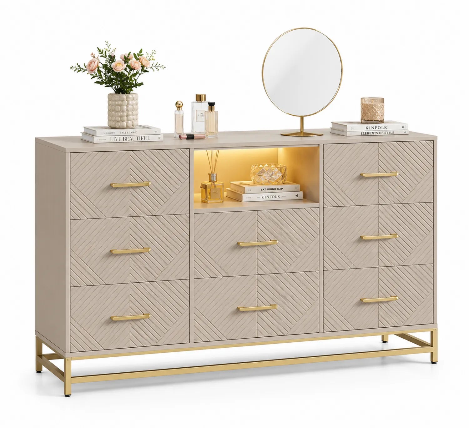 Commode en bois MDF avec tiroirs et étagère ouverte, cadre doré 150cm