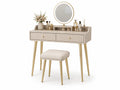 Coiffeuse en Bois avec Miroir Rond et Tabouret en Lin Crème et Métal Doré