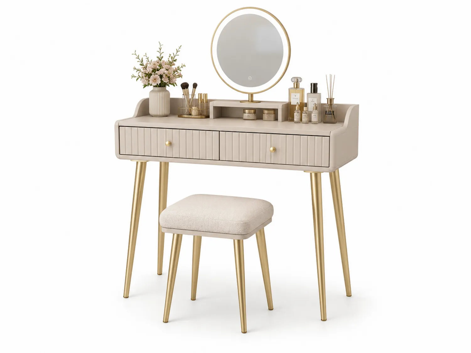 Coiffeuse en Bois avec Miroir Rond et Tabouret en Lin Crème et Métal Doré