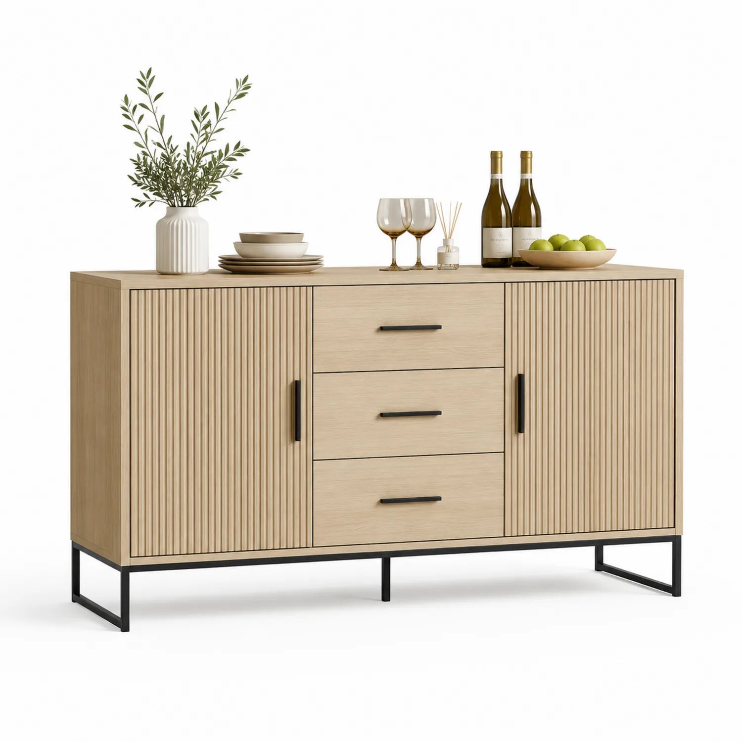 Buffet en bois clair avec structure en métal noir, 120 cm