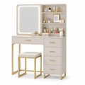Coiffeuse avec Miroir Éclairé et Tabouret en Bois et Métal Doré, Crème