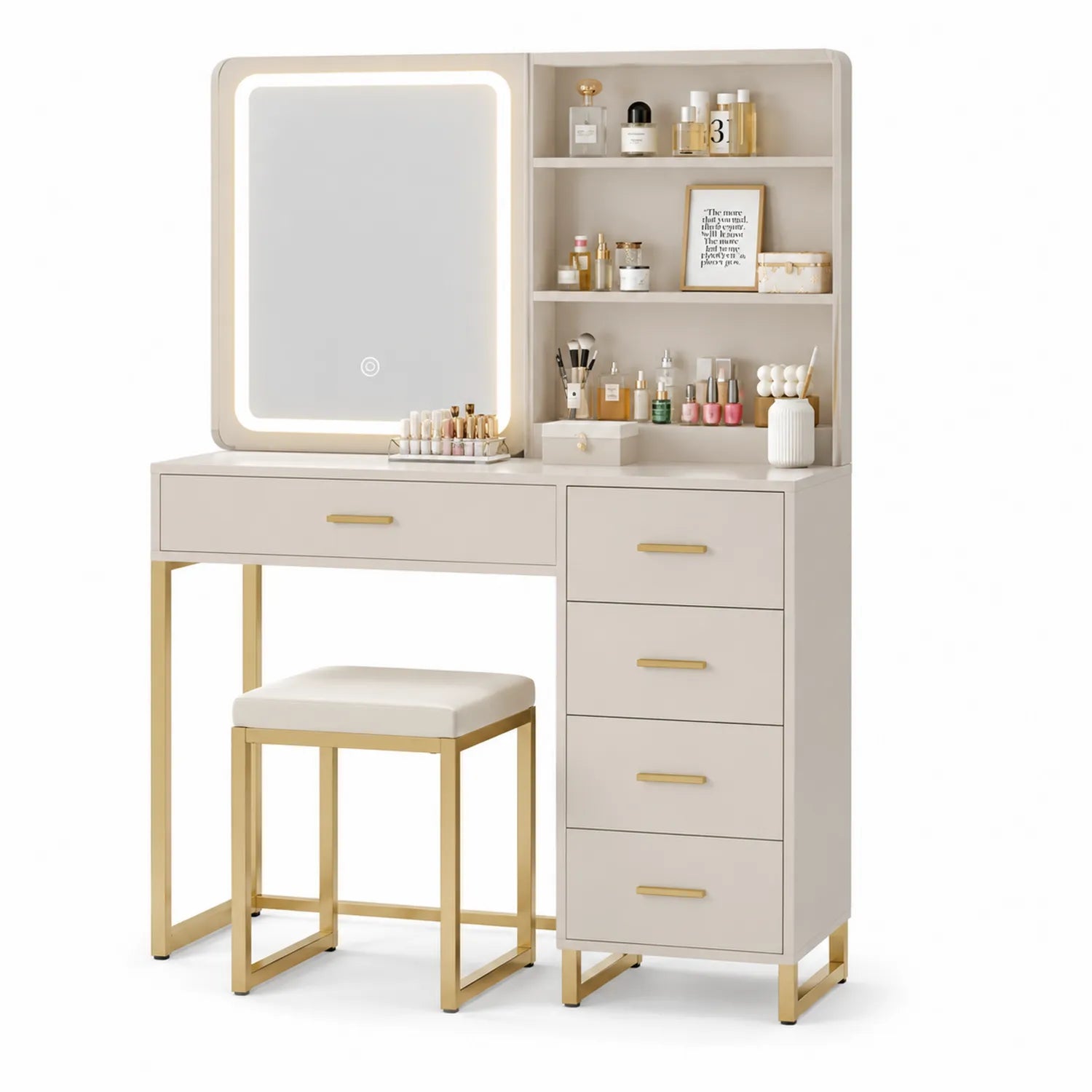 Coiffeuse avec Miroir Éclairé et Tabouret en Bois et Métal Doré, Crème